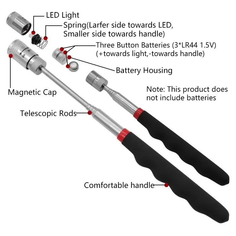 Fishing Rod Travel - LEDライト付き伸縮式磁気ペン拡張可能なピックアップロッドミニポータブルマグネットツールネジナットボルト金属部品用