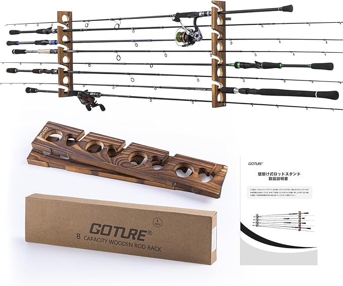 Fishing Rod Rack - Goture 木製釣竿ホルダー 8 穴ロッド壁収納ブラケット水平釣竿ディスプレイラックツール最大 2.5 キロ