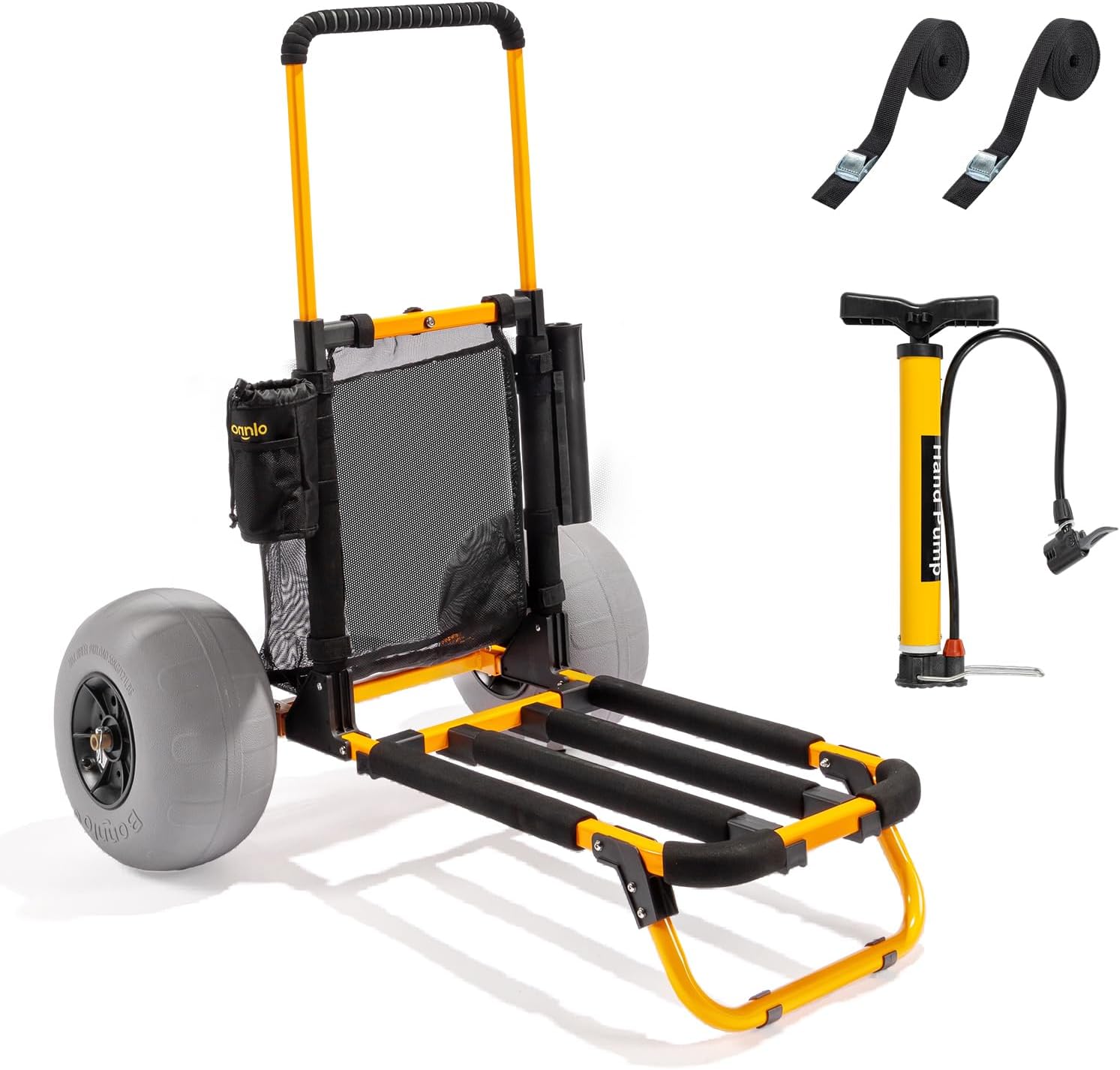 Fishing Rod Holder - ボンロービーチフィッシングカート、12インチ大型バルーンホイール付きビーチワゴントロリー、折りたたみ式、オレンジ色、アルミフレーム＆ハンドル、23インチ×15インチのカーゴデッキ、釣り竿＆水筒ホルダー、メッシュバッグ、ハンドポンプ