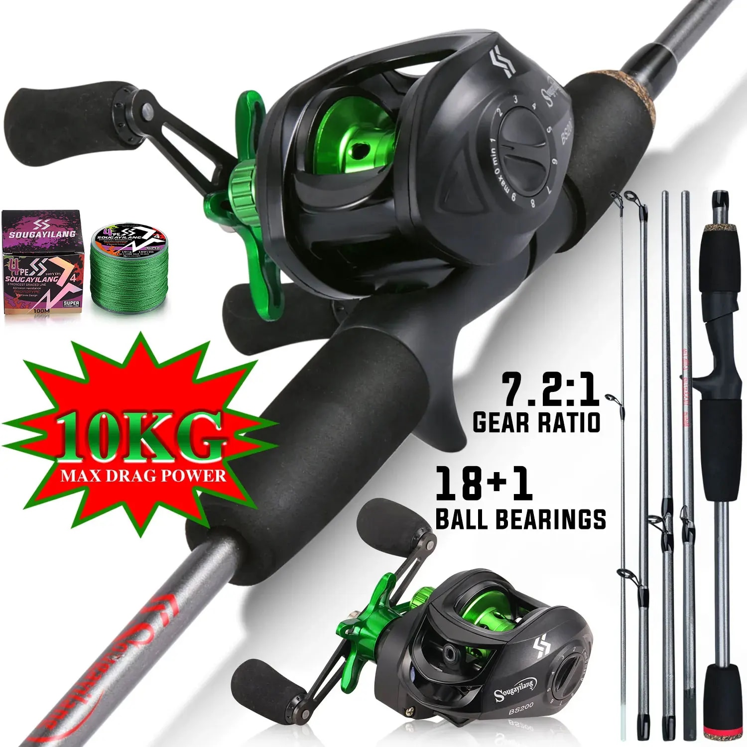 Fishing Rod Combo - Sougayilang 釣り竿コンボ 1.7 メートルカーボンファイバーキャスティングロッドとベイトキャスティングリール、無料 Pe ライン最大ドラッグ