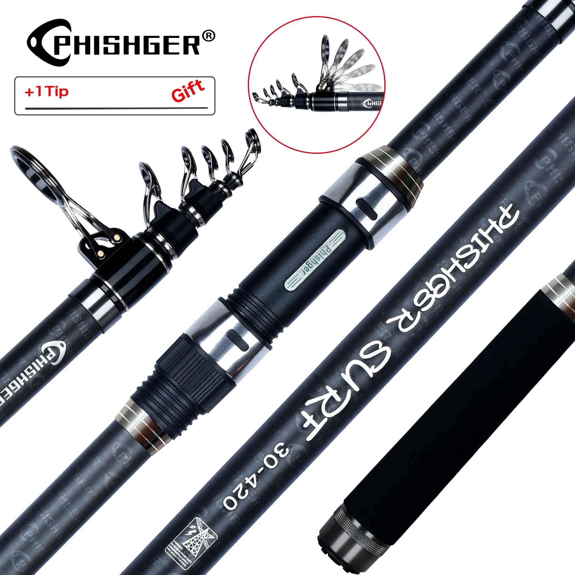 Phishger-伸縮式サーフスピニングロッド,カーボンフィ - Fishing Rod Surf のレビューと価格
